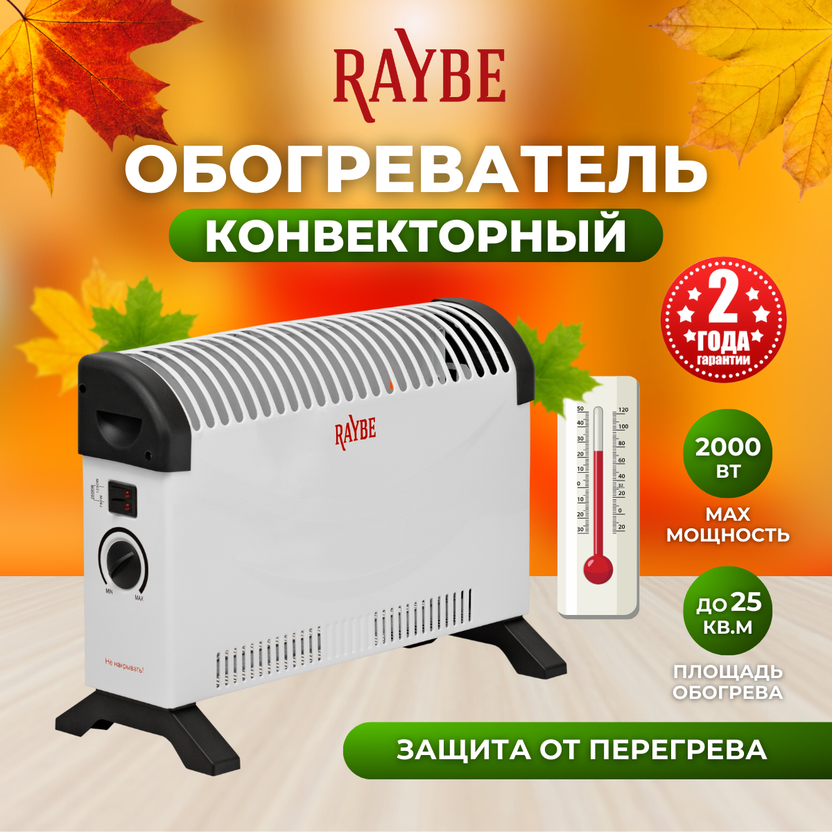 Обогреватель конвекторный электрический напольный/ настенный Raybe (ADV-2000BSS) 2000 Вт